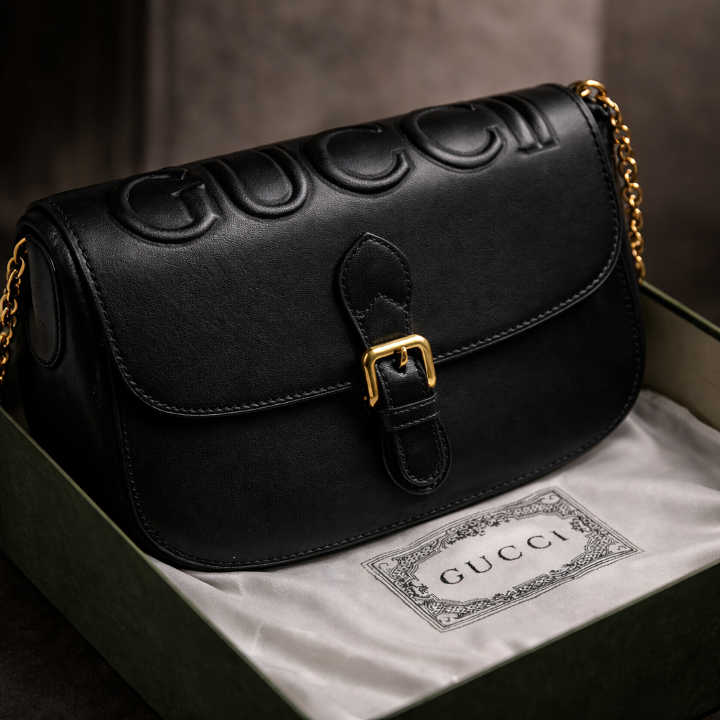GUCCI Embossed en cuir noir