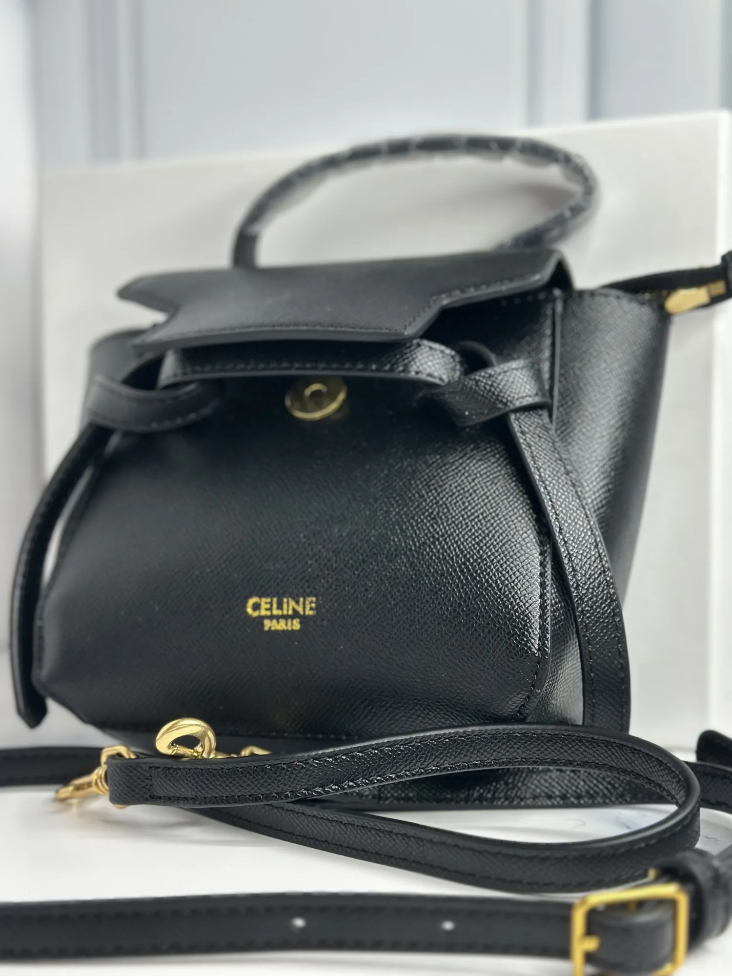 Celine Black Leather Nano Belt Top Handle Bag