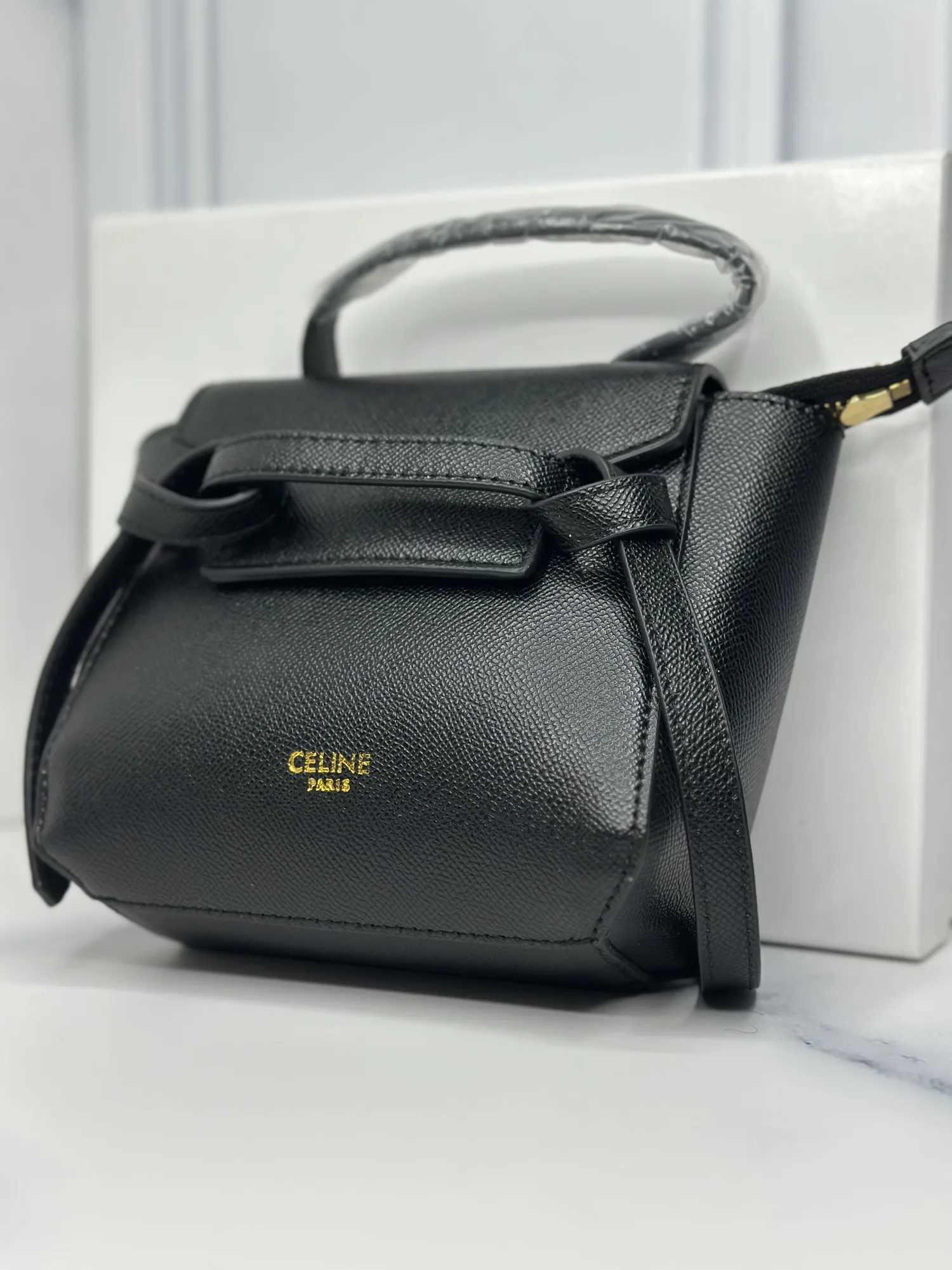 Celine Black Leather Nano Belt Top Handle Bag